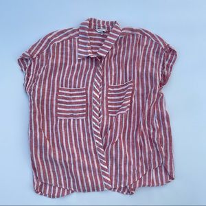 Lucky Brand Red and White Flowy Open Back Linen Blend Striped Shirt, 1X